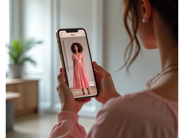 Bir moda influencer'ının evin içinde AR ile sanal olarak yeni bir elbiseyi denediği, telefonunda gerçek zamanlı gösterim