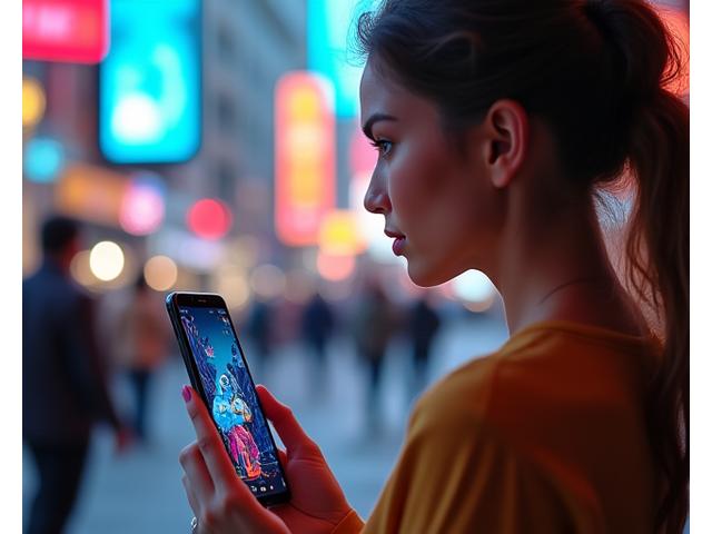 interaktif bir AR reklam kampanyasını deneyimleyen genç bir kadın, telefonunda canlanan bir ürün