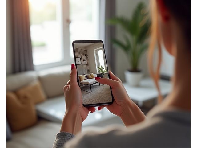 Bir mobilya mağazasında AR ile sanal olarak yerleştirilmiş kanepeyi telefon ekranından gösteren bir müşteri
