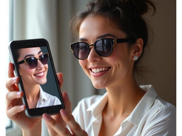 Bir kadının akıllı telefonunda AR ile sanal olarak bir çift güneş gözlüğü denediği e-ticaret arayüzü