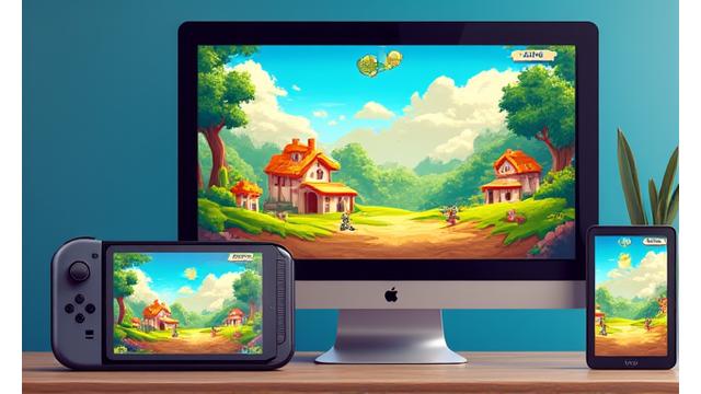 Renkli bulmaca ve macera oyunundan bir ekran görüntüsü, konsol, mobil ve PC ekranlarını bir bütün halinde gösteriyor.