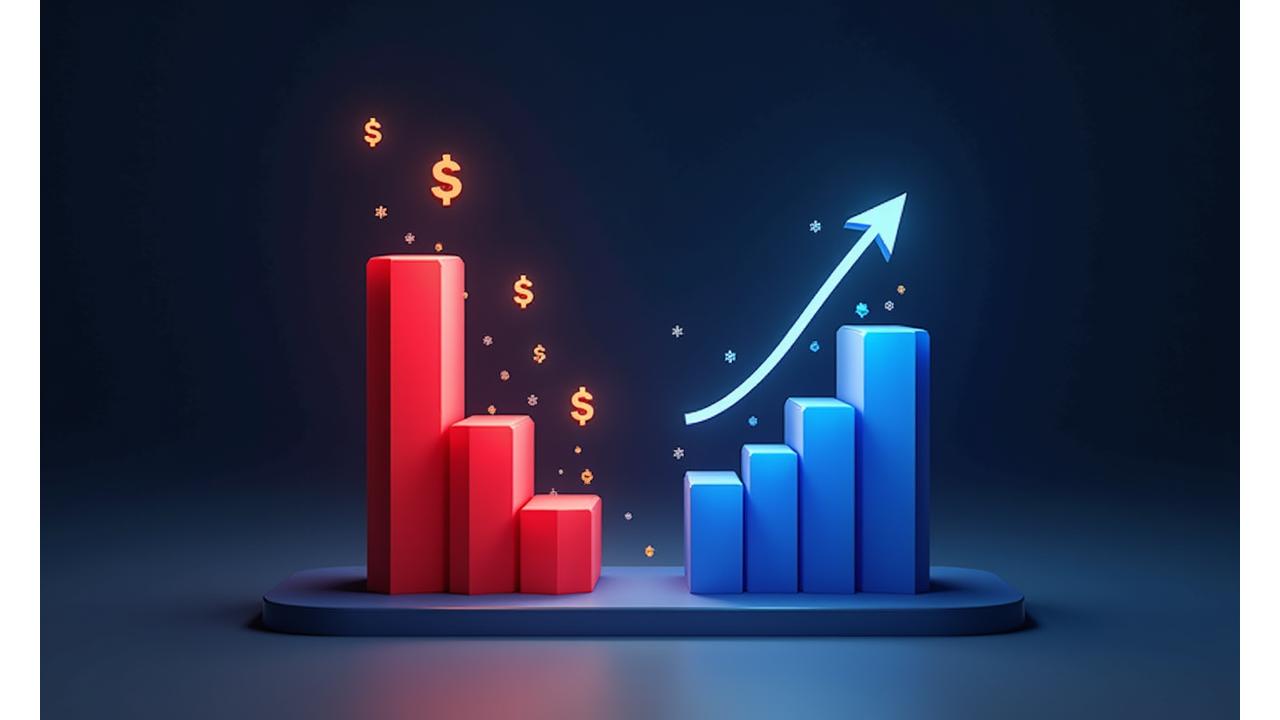 İki grafik içeren bir infografik: solda tek platformlu geliştirmeyi gösteren yüksek bir çubuk grafik, sağda ise çapraz platformlu geliştirmeyi gösteren daha düşük bir çubuk grafik, maliyet tasarrufunu vurguluyor. Arkasında finansal semboller var.