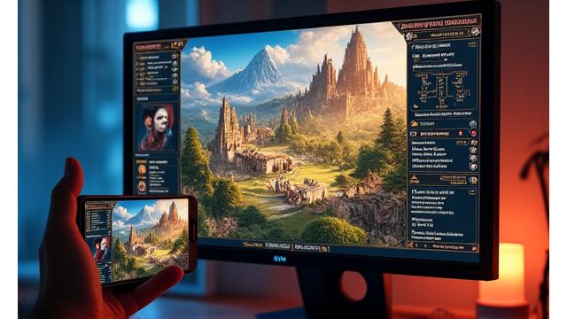 Strateji RPG oyunundan bir sahne, hem mobil arayüz hem de PC arayüzü yan yana görünüyor.
