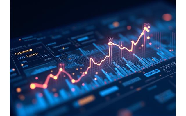 Artan trendler ve olumlu istatistikler gösteren dinamik bir veri panosu grafiği. Mor, turuncu ve mavi renklerin kullanıldığı. Başarıyı ve gelişimi vurgulayan bir görsel.