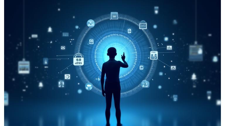 Bir kullanıcının, kişisel verilerini içeren dijital kalkanları yönettiği soyut bir görsel. KVKK ve GDPR simgeleri içerir.