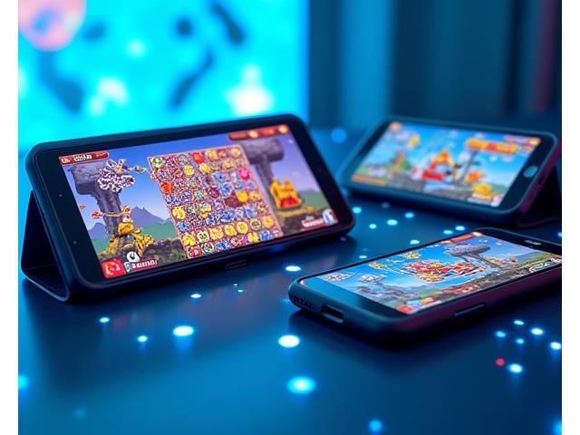 Çeşitli mobil cihazlarda oynanan canlı, renkli bir mobil oyunun ekran görüntüsü. Odakta bir Android tablet ve bir iPhone var.