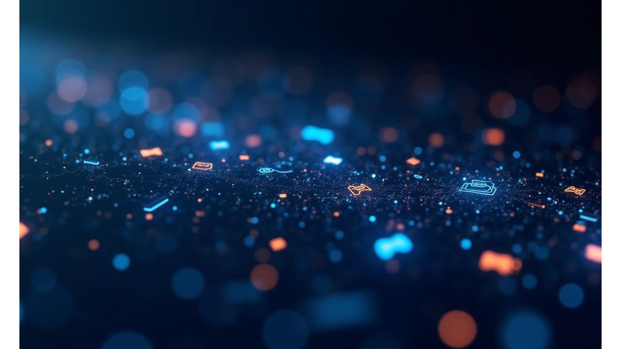 Kapsamlı oyun geliştirme hizmetlerini gösteren dinamik bir görsel. Çeşitli oyun platformları ve teknolojileri modern, iç içe geçmiş bir tasarımda bir araya gelmiş.