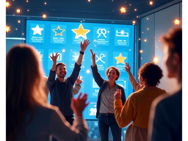 Çalışanların bir liderlik tablosu veya başarı panosu etrafında coşkuyla etkileşim kurdukları