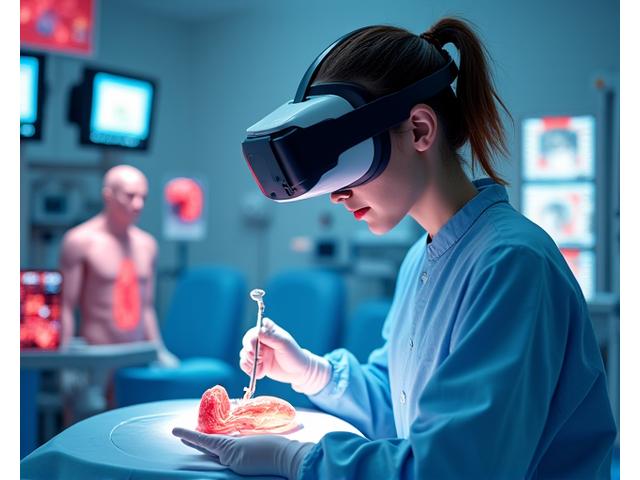 Sanal gerçeklik ortamında cerrahi bir operasyonu simüle eden profesyonel bir tıp öğrencisi. Renkli 3D tıbbi modeller ve veri arayüzleri.