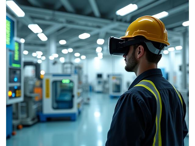 Mühendis kasklı bir çalışan, VR gözlükleriyle ağır makine simülasyonu eğitimi alıyor. Dijital bir fabrika ortamı.