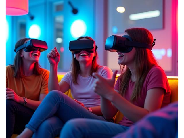 Dört arkadaşın sanal bir VR sosyal oyun odasında avatarları aracılığıyla etkileşim kurduğu neşeli bir sahne.