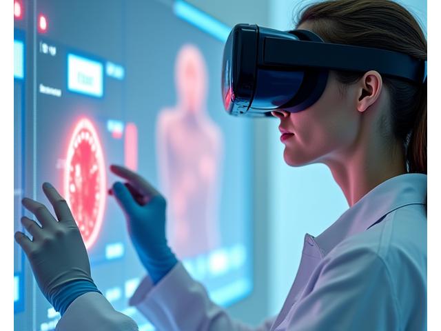 VR gözlükleriyle çalışan doktorların dijital ameliyat odasında eğitim aldığı bir sahne.