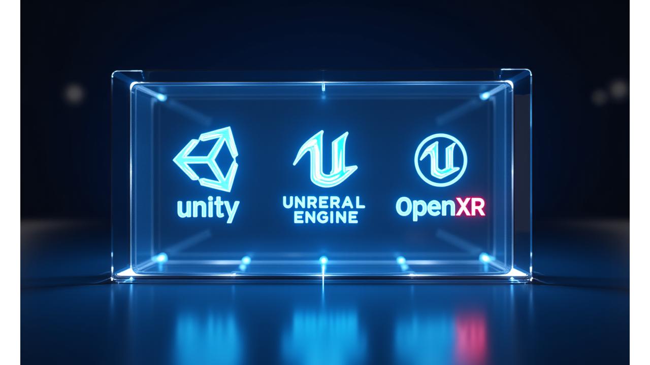3D hologram tekniğiyle sergilenen bir VR uyumluluk matrisi ve teknoloji yığını görseli. Unity, Unreal Engine, OpenXR logoları belirgin.